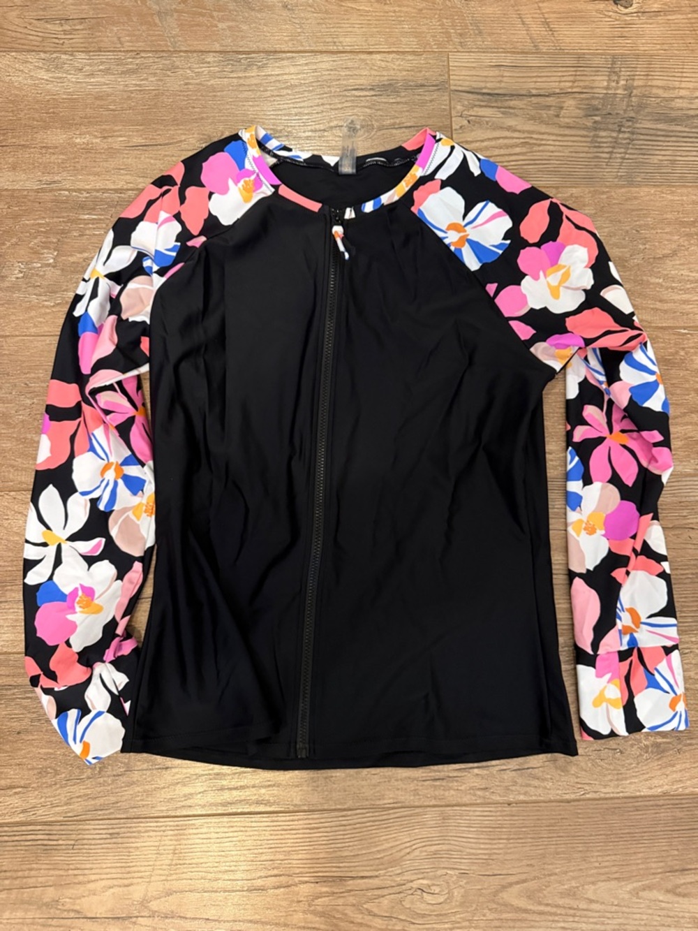 Raisins Black Rash Guard with Pink, Blue & Orange Floral Sleeves